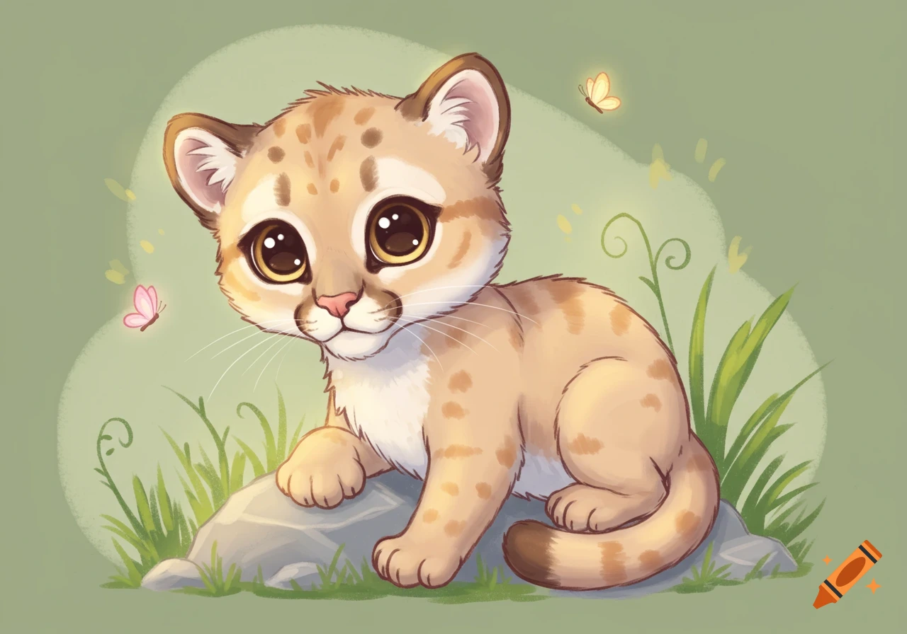 Cute cartoon cougar cub sitting on a rock in grass with butterflies.