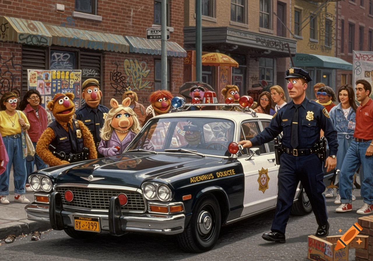 A 90's style image of Muppets gathered around a police car on a city street with a human police officer.
