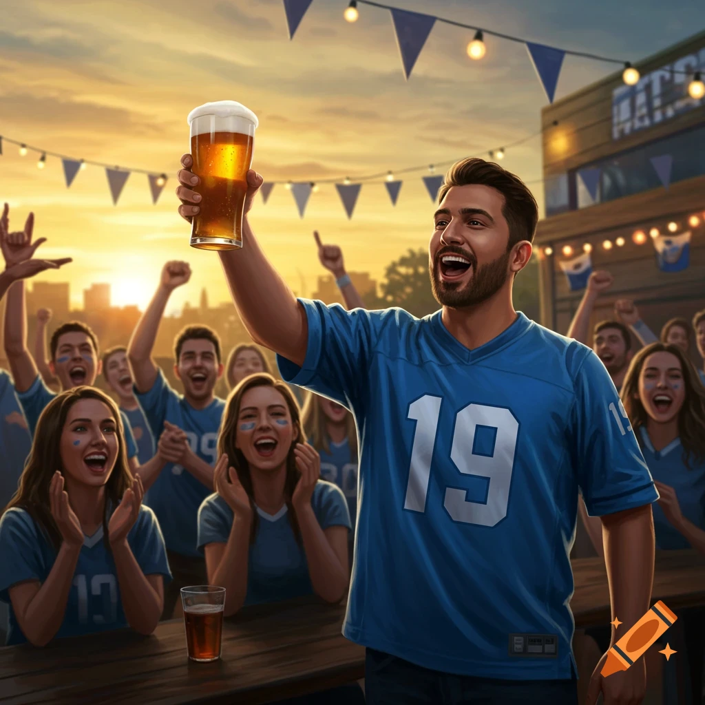 A man in a blue number 19 jersey raises a beer and cheers with excited fans at an outdoor event during sunset.