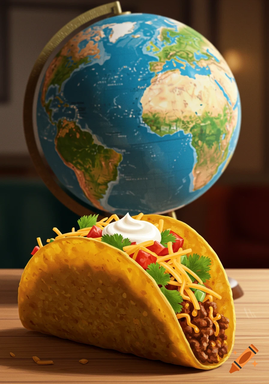 A delicious hard-shell taco filled with meat, cheese, lettuce, tomatoes, and sour cream, placed in front of a colorful world globe.