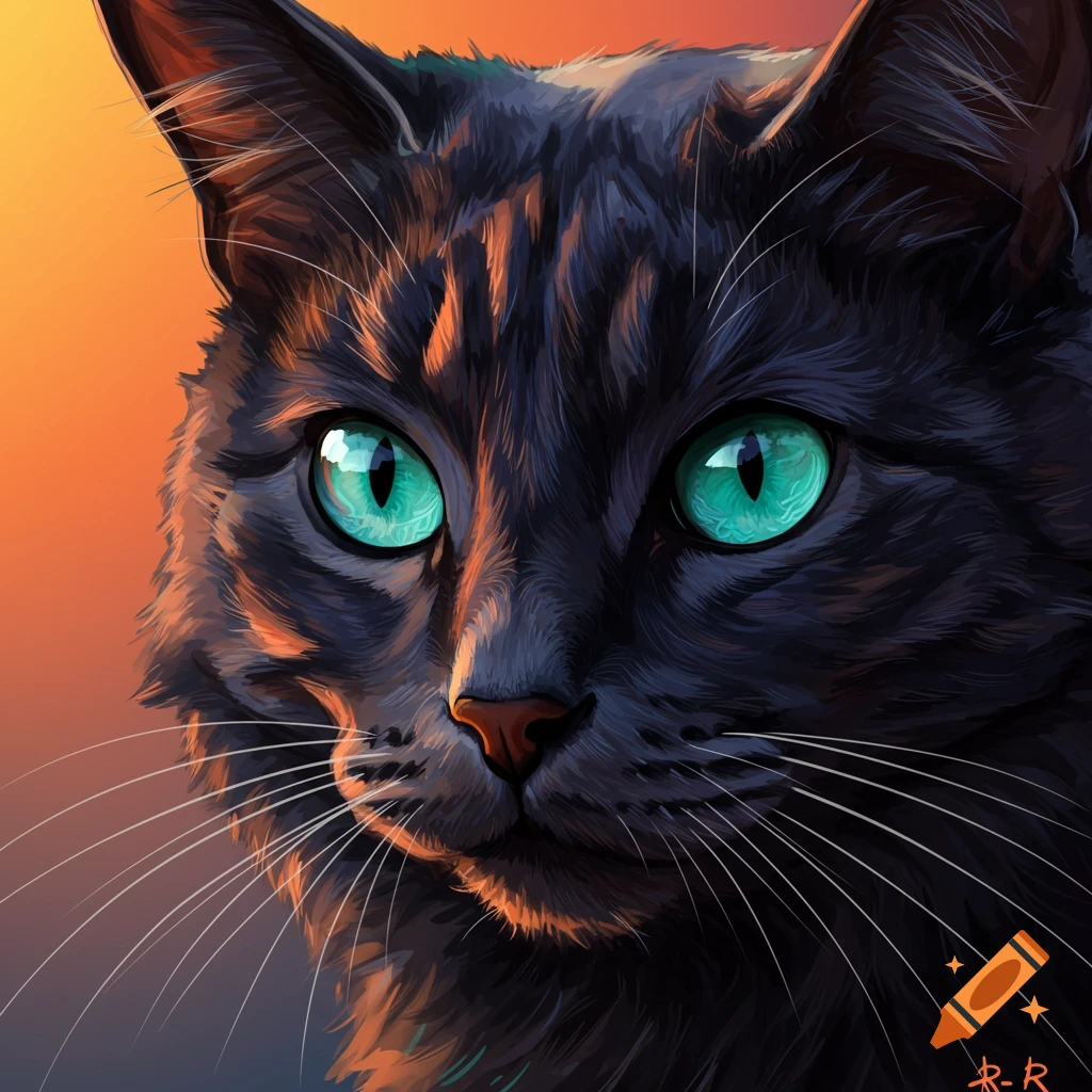 Close-up digital painting of a black cat with striking turquoise eyes, illuminated by warm orange light.