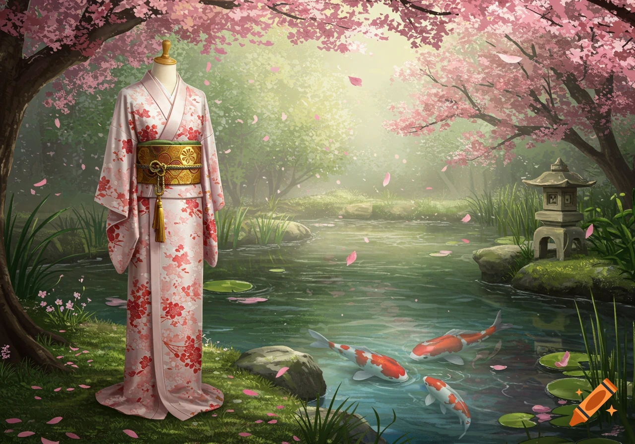 A pink kimono with red cherry blossom patterns on a mannequin in a serene Japanese garden with a pond, koi fish, falling cherry petals, and a stone lantern.