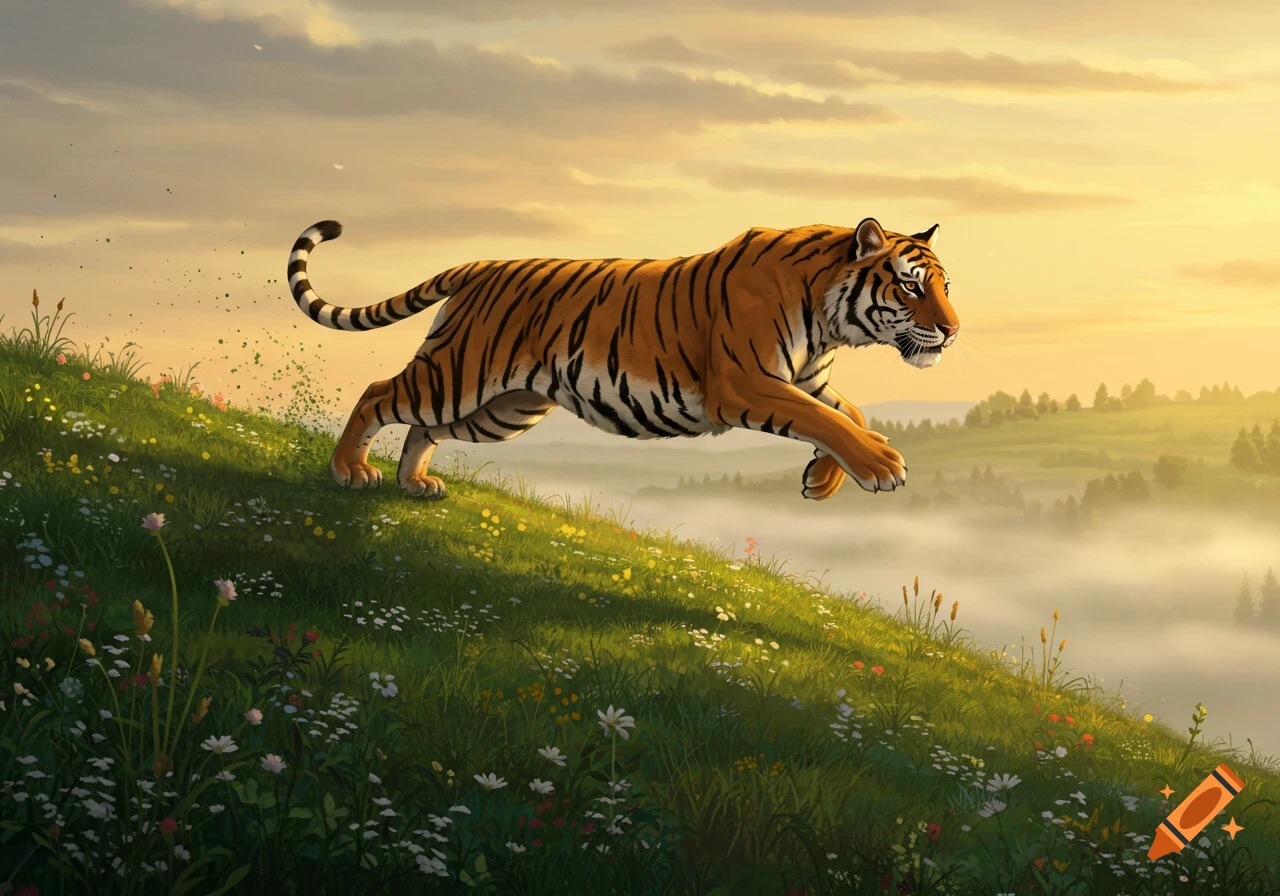 A majestic tiger leaps gracefully up a wildflower-covered hill at sunrise, with misty valleys in the background. Digital painting.