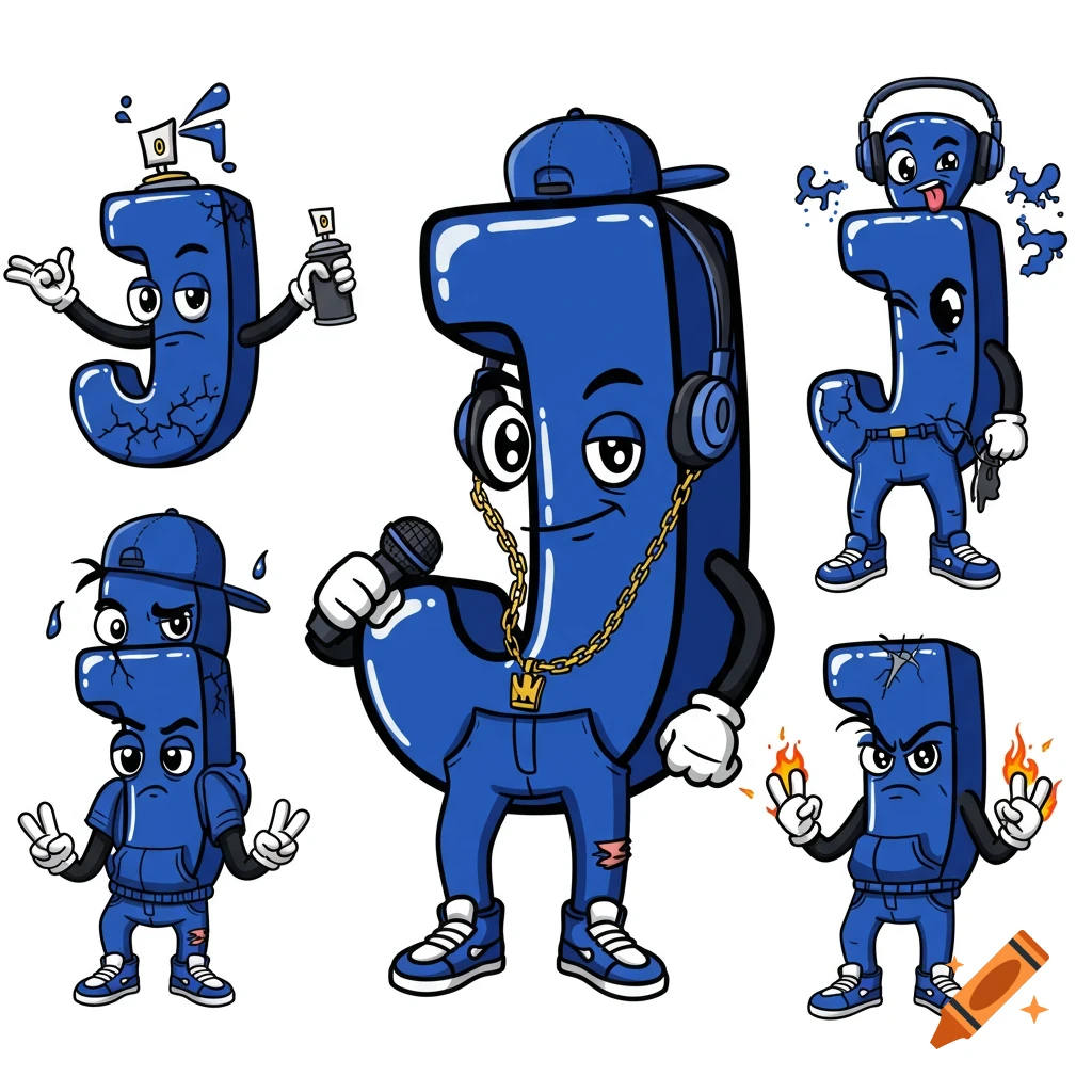 Multiple blue cartoon letter J mascots in streetwear, showing different poses and expressions with accessories like a mic, spray can, and headphones.