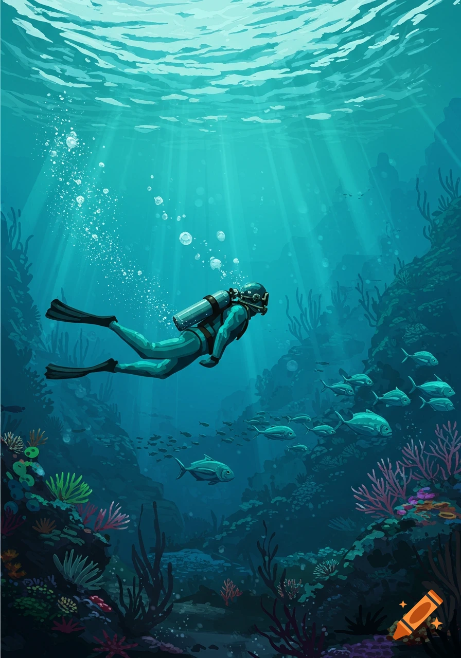 Retro illustration of a scuba diver swimming among colorful coral and fish in deep blue-green ocean waters with sunbeams.