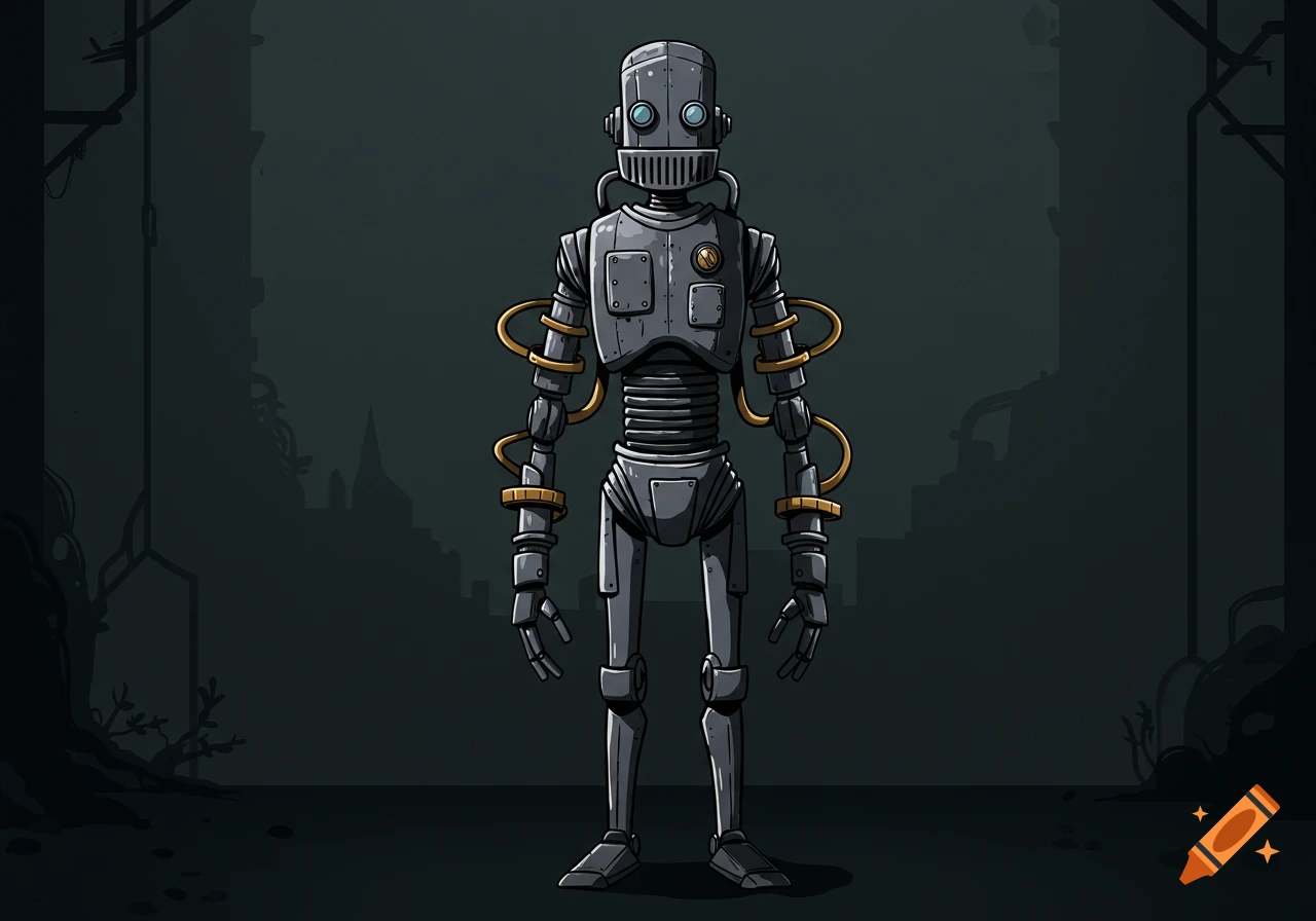 A tall, thin steampunk robot with silver paneling, gold pipes, and a grilled mouth stands in a dark, grim setting.