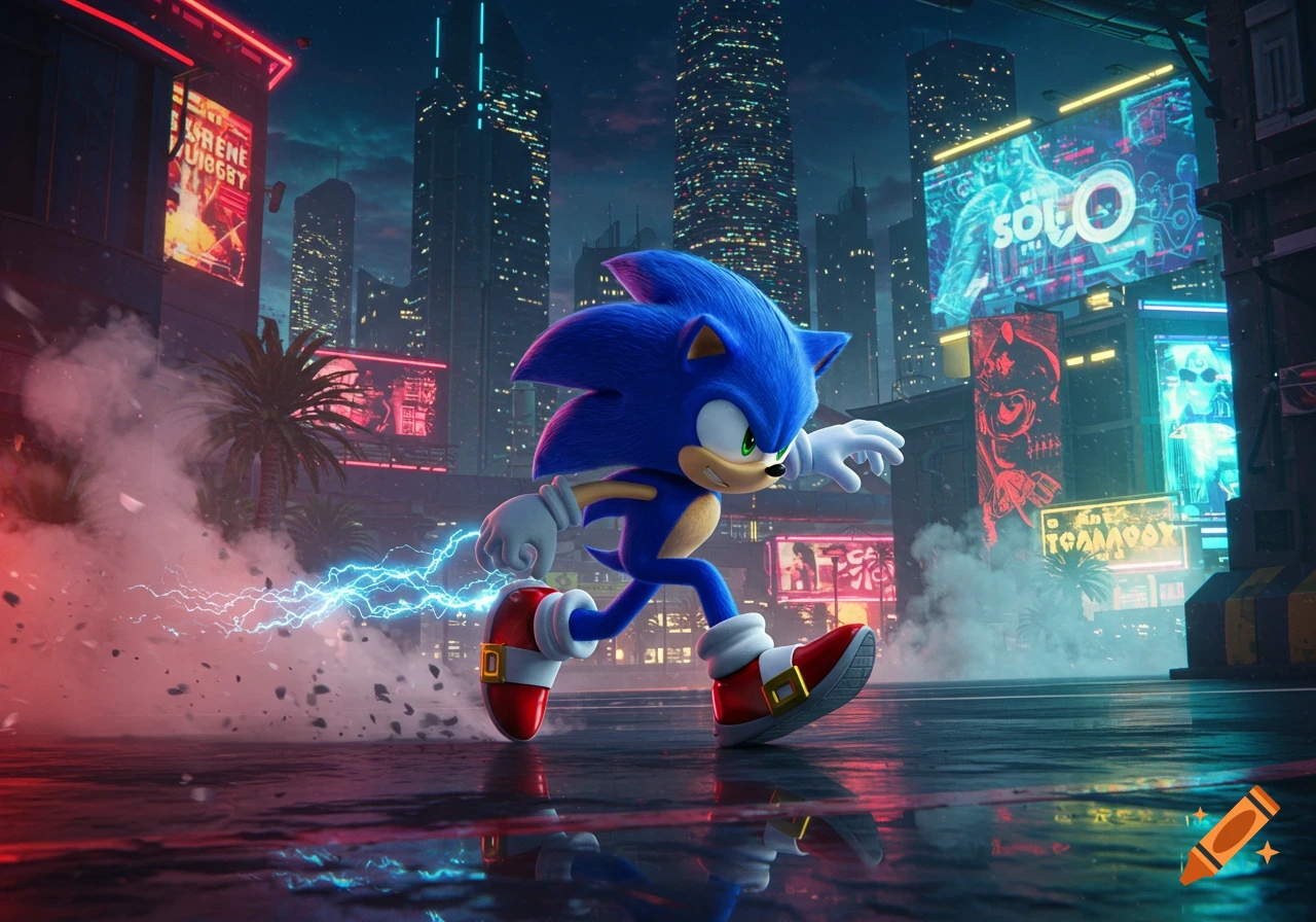 Sonic the Hedgehog speeds through a neon-lit futuristic city at night, leaving a trail of blue electricity and dust.