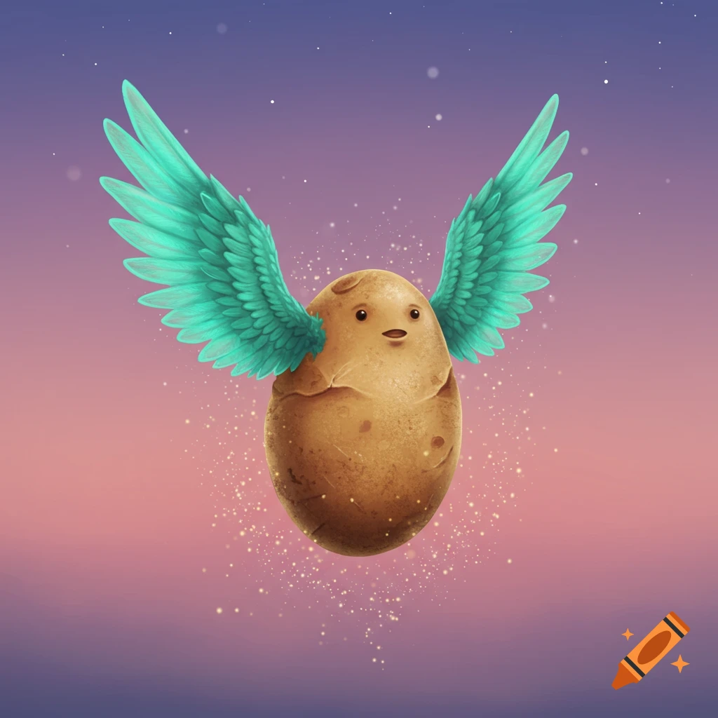 A cute, brown potato with teal bird wings flies through a starry purple and pink sky.
