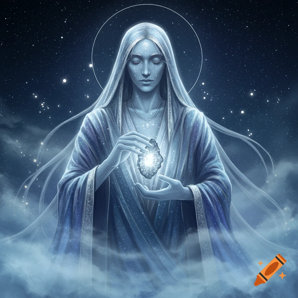 Ethereal deity with long white hair and flowing blue robes holds a glowing crystal, surrounded by stars and mist.