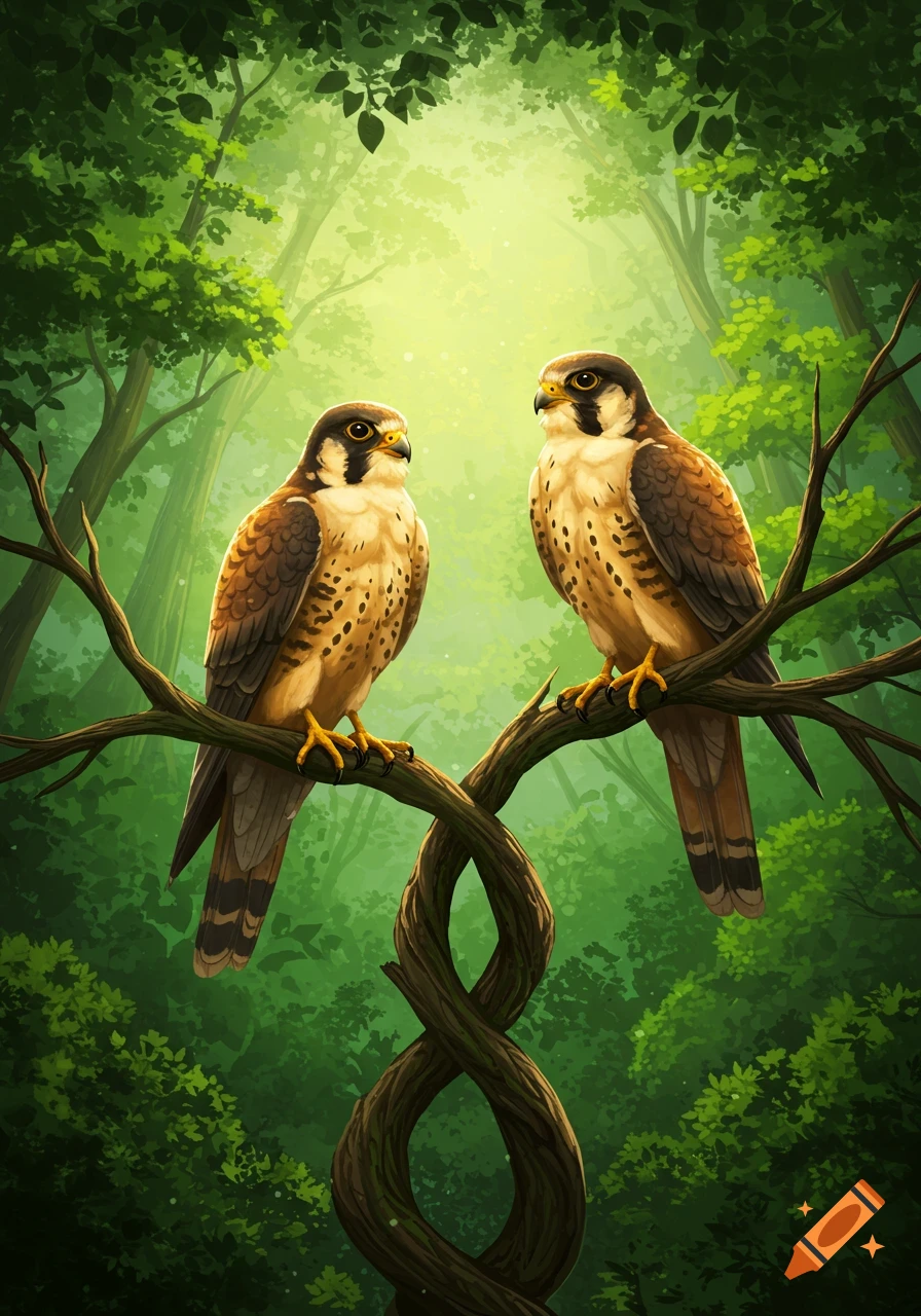 Two falcons perch on a twisted branch in a vibrant, sunlit green forest, in an illustrative style.
