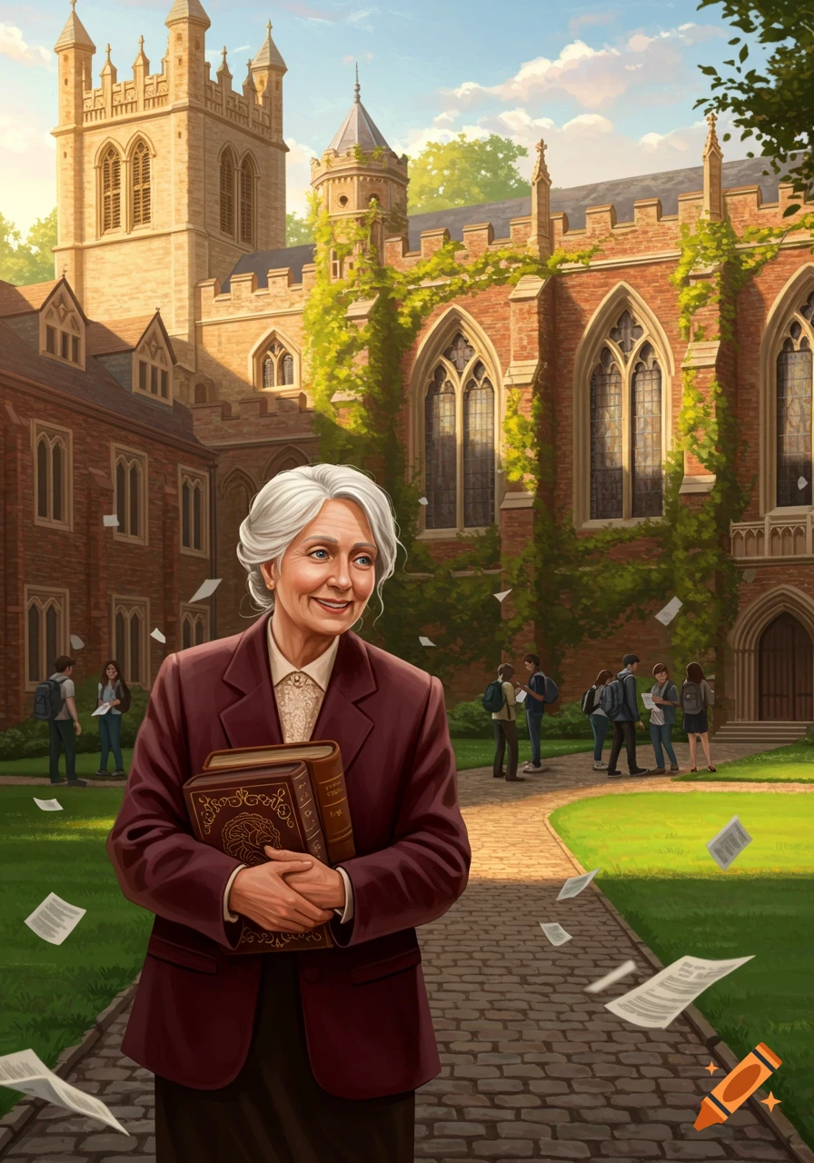 An old lady with white hair and a maroon blazer holds books, smiling in front of a grand university building with students and flying papers.