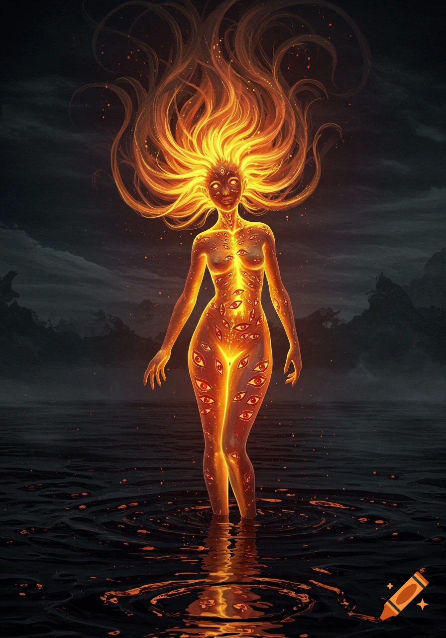Digital illustration of a fiery eldritch goddess covered in glowing eyes, standing in dark, reflective water.