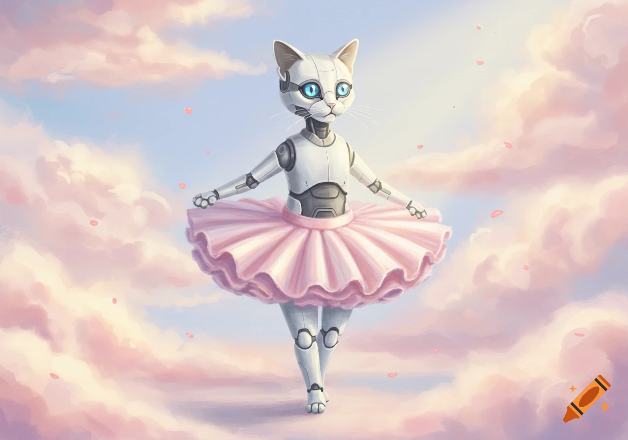 A white robotic cat with blue eyes wears a pink tutu, striking a ballet pose while floating amidst pink clouds and falling petals.