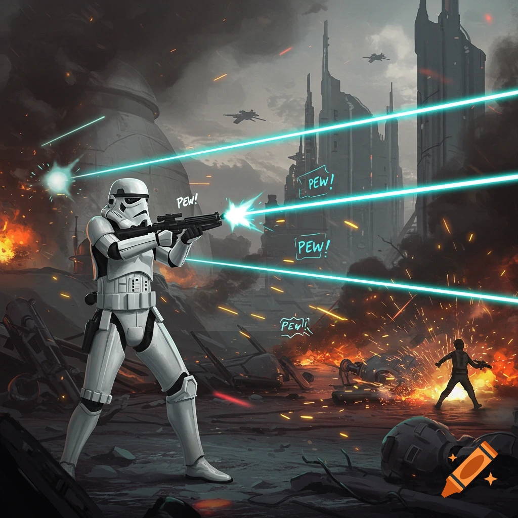 A Stormtrooper fires a blaster amidst laser blasts and explosions in a ruined futuristic city with flying vehicles.