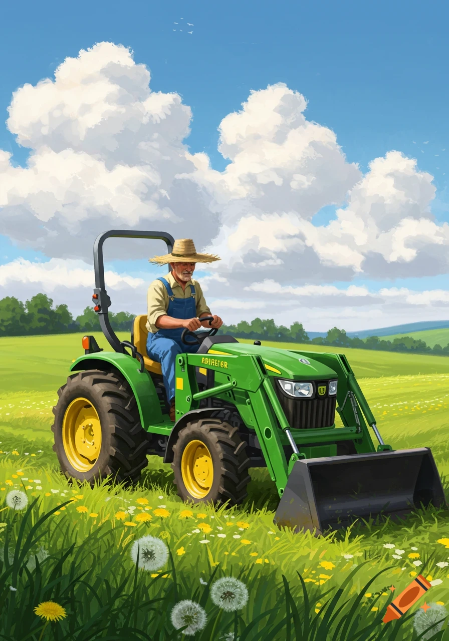 A farmer in a straw hat and overalls drives a green tractor with a front loader through a sunny, grassy field.