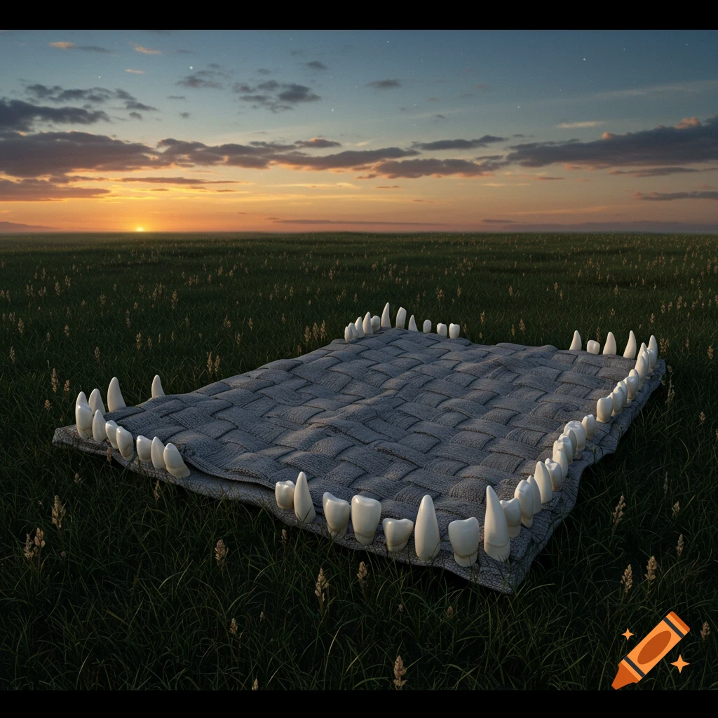 A photorealistic grey woven blanket with human teeth along its edges lies in a green field under a sunset sky.
