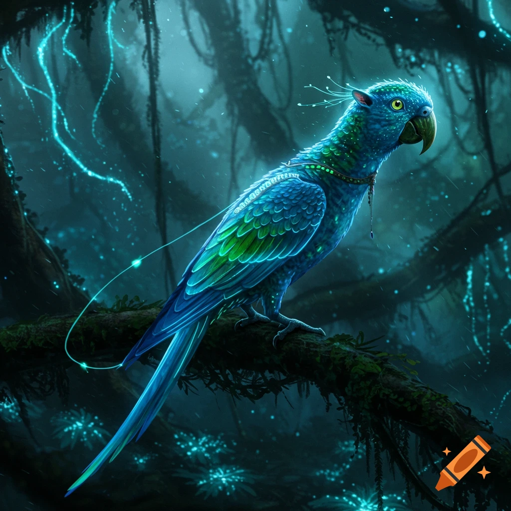 A fluorescent blue and green fantastical parrot with glowing neural links perched on a mossy branch in a dark, glowing jungle.