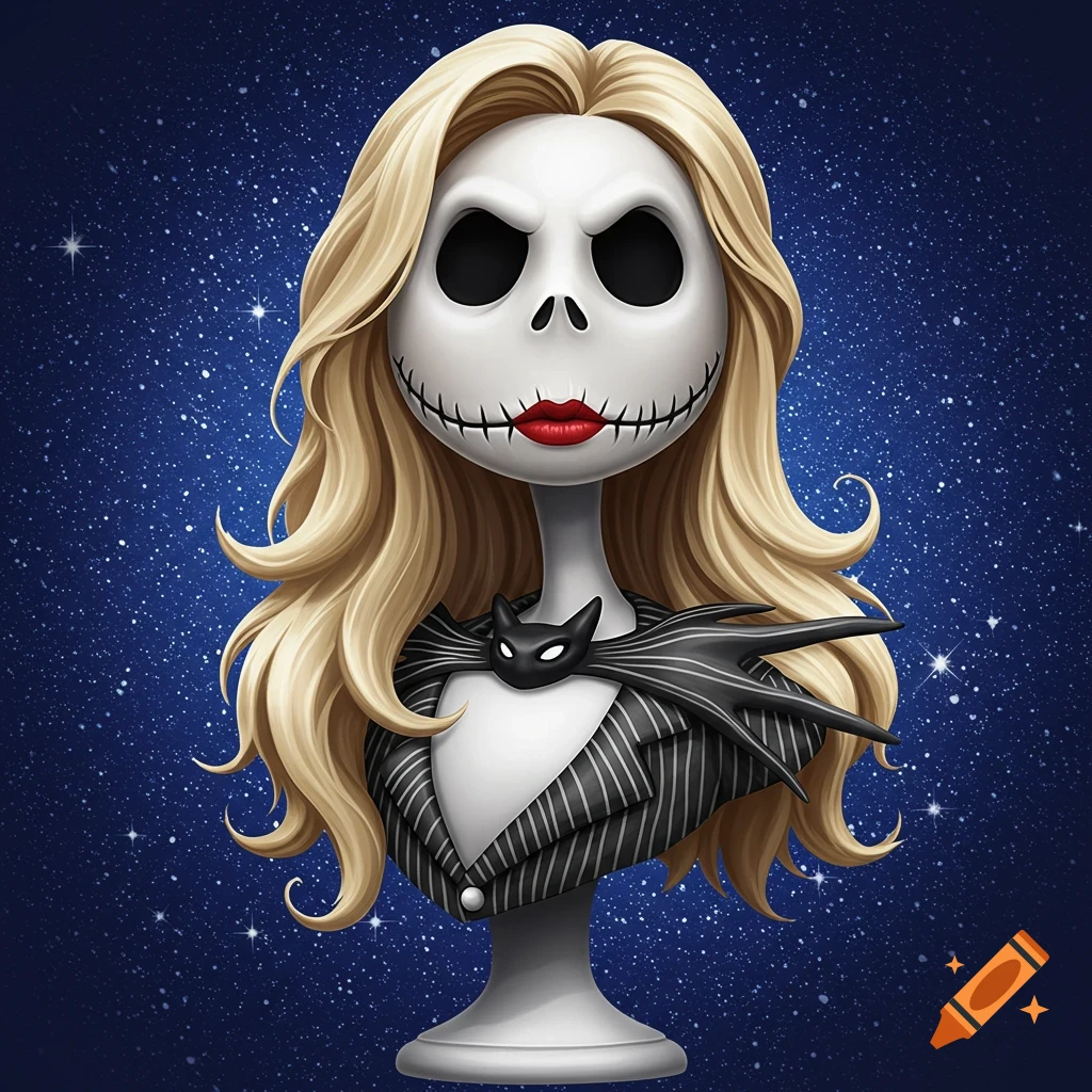 Stylized illustration of a bust of Jack Skellington with blonde hair, red lipstick, and a pinstriped suit, against a starry blue background.