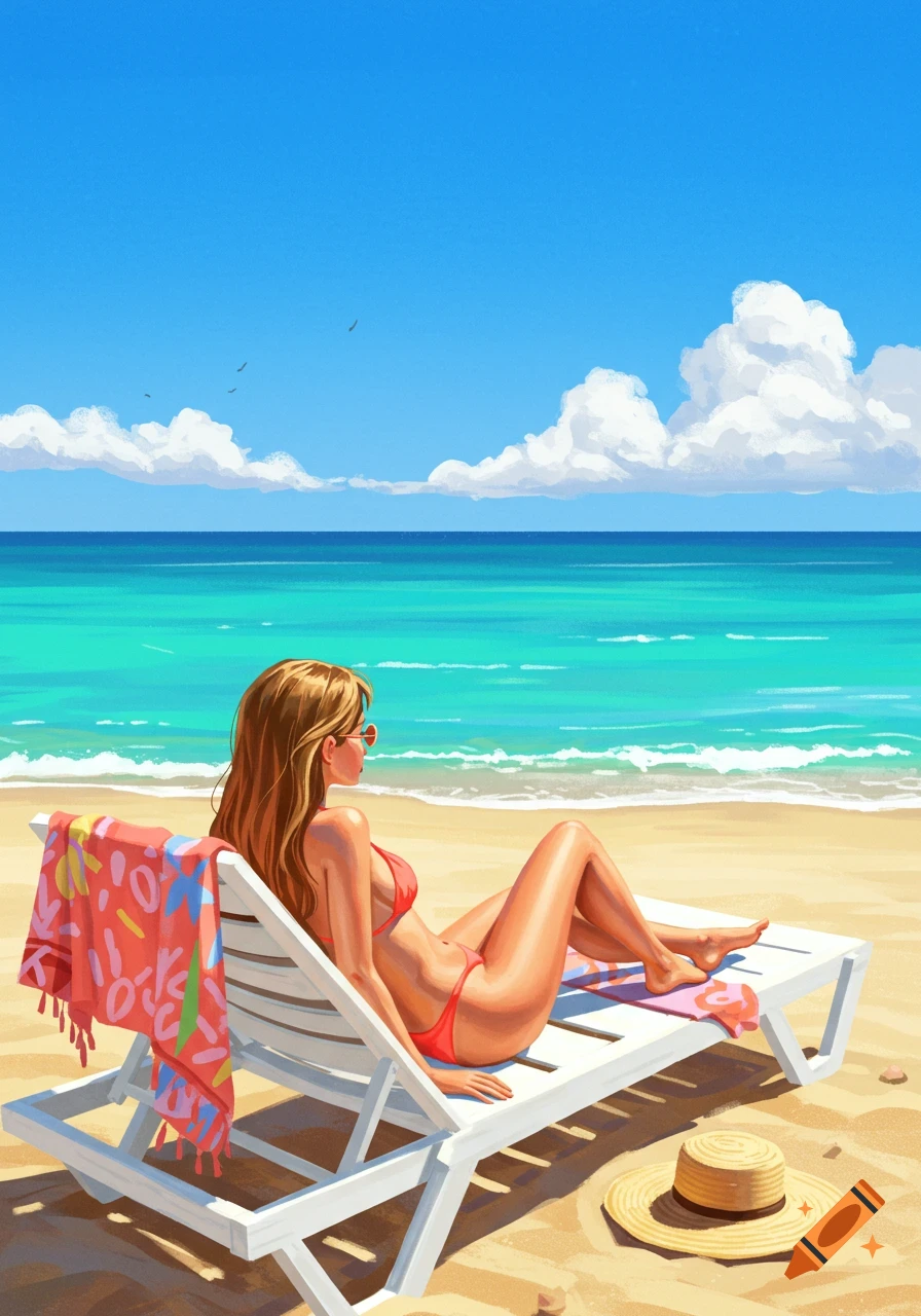 Illustrated woman in a red bikini sunbathing on a white lounge chair on a sandy beach next to the blue ocean under a clear sky.