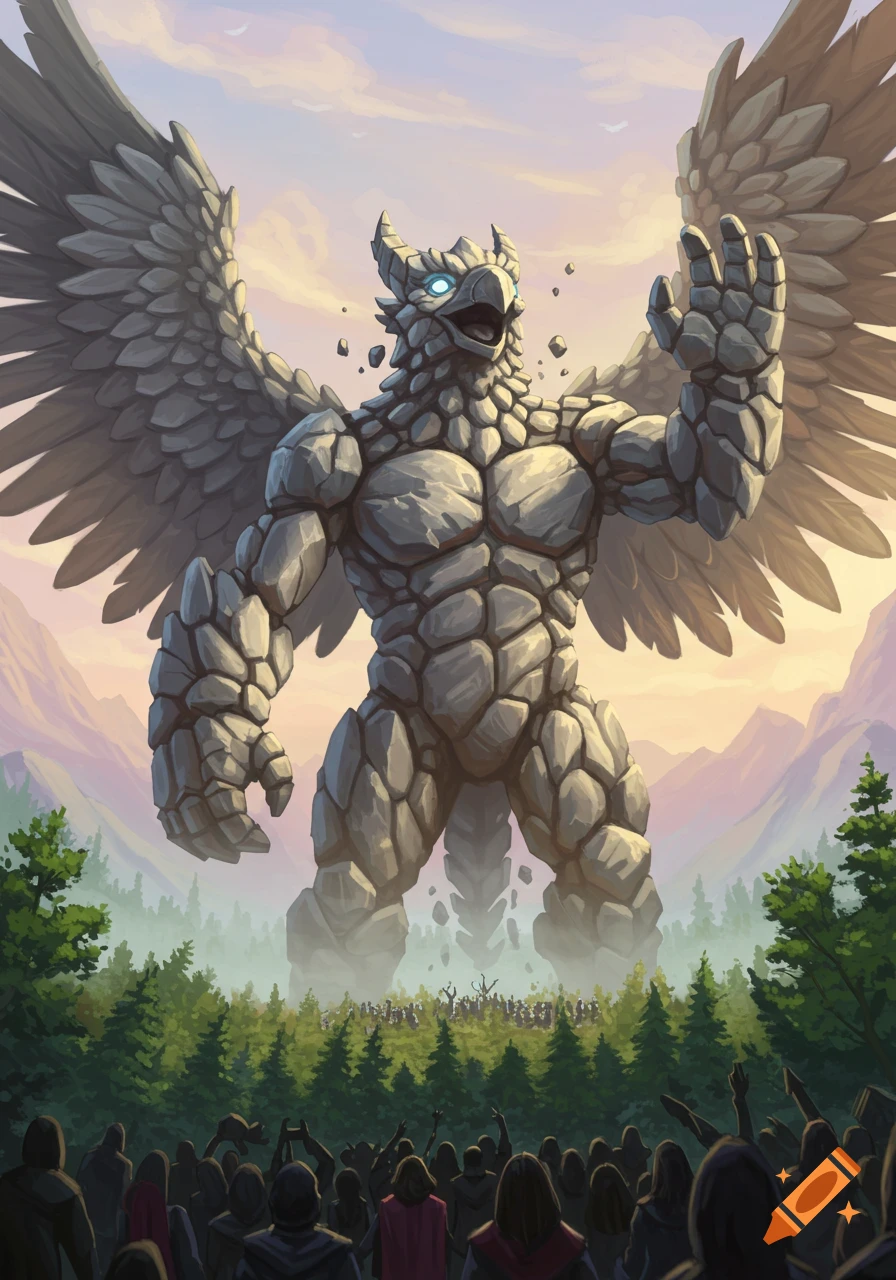 A towering winged rock gryphon monster waves to a crowd of people gathered in a forest with mountains in the background.