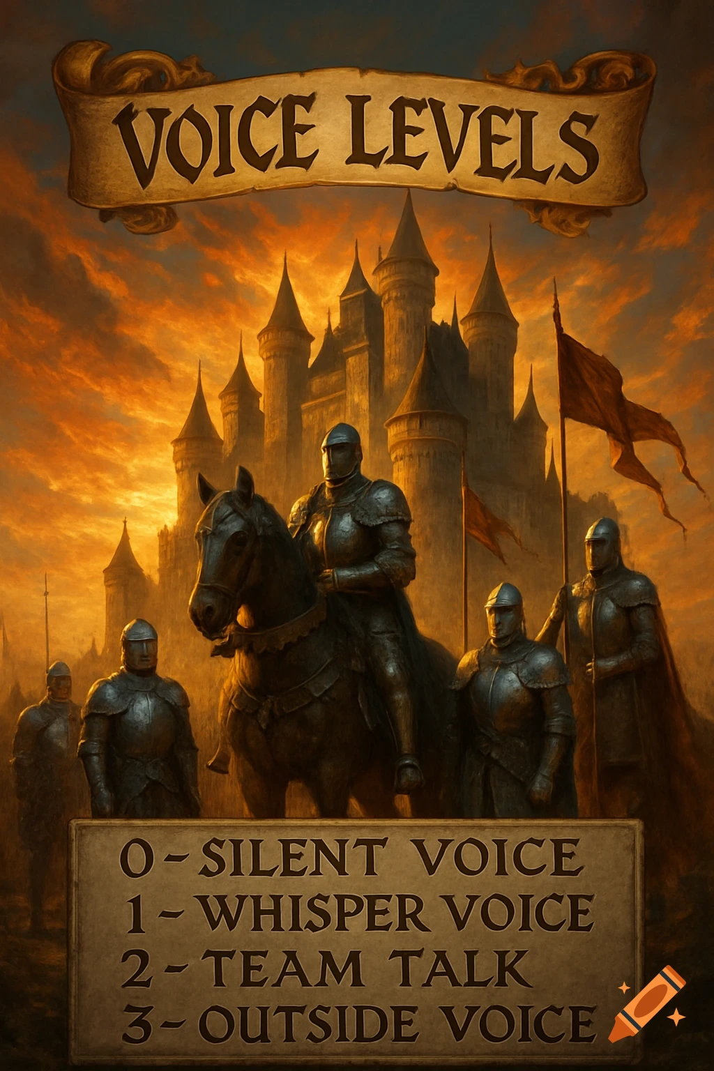 A medieval-themed poster with a castle and knights. A banner reads "VOICE LEVELS" and a plaque lists voice level rules.