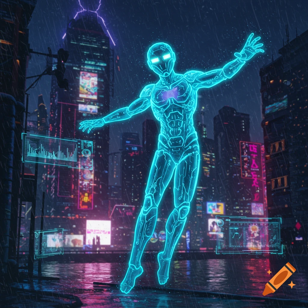 Glowing blue humanoid figure floating in a rainy, neon-lit cyberpunk city at night with holographic displays.