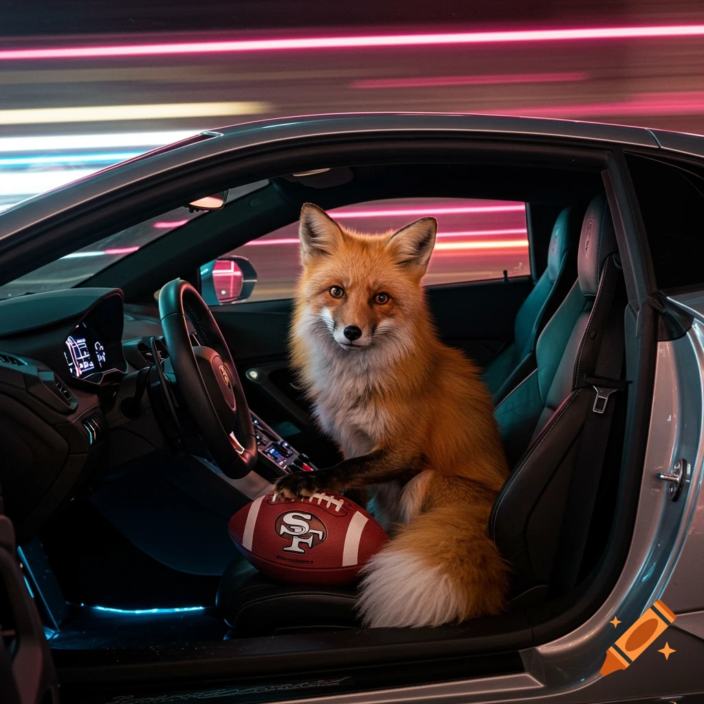 A photorealistic fox sits in a luxury car holding a 49ers football, with blurred light trails in the background.