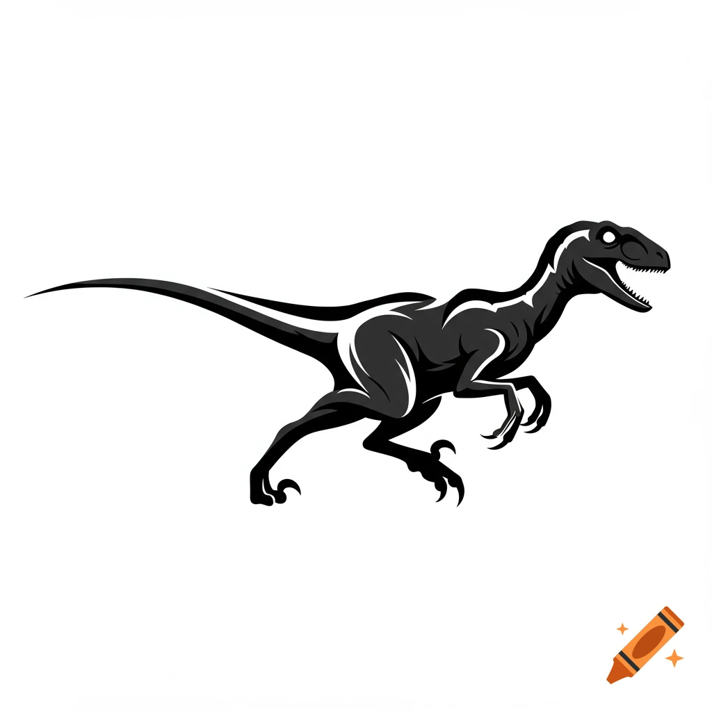 A minimalist monochrome vector logo depicting a running velociraptor.