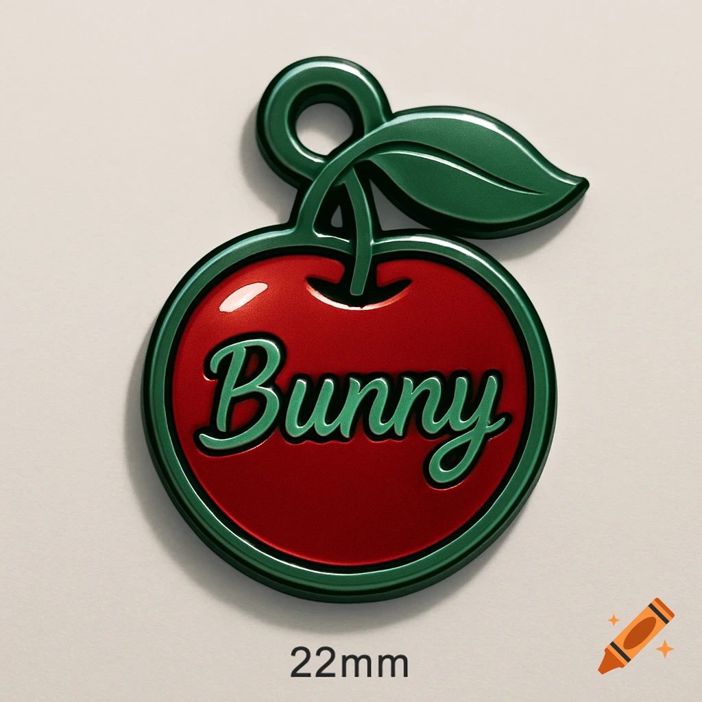A red and green cherry-shaped dog collar tag with 'Bunny' in green and '22mm' below, rendered with a clean, glossy finish.