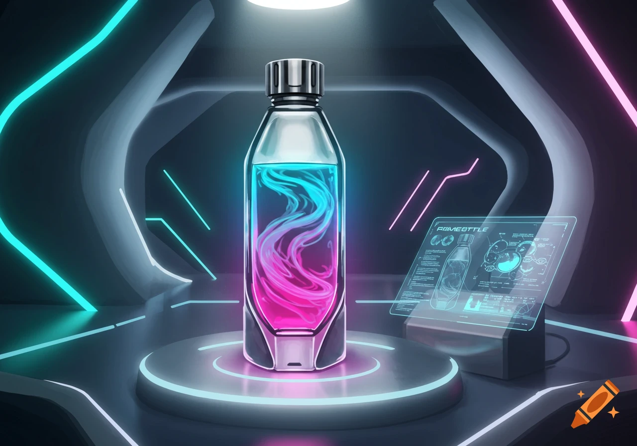 A futuristic bottle with swirling blue and pink liquid on a glowing pedestal in a neon-lit, sci-fi lab, with a holographic display.