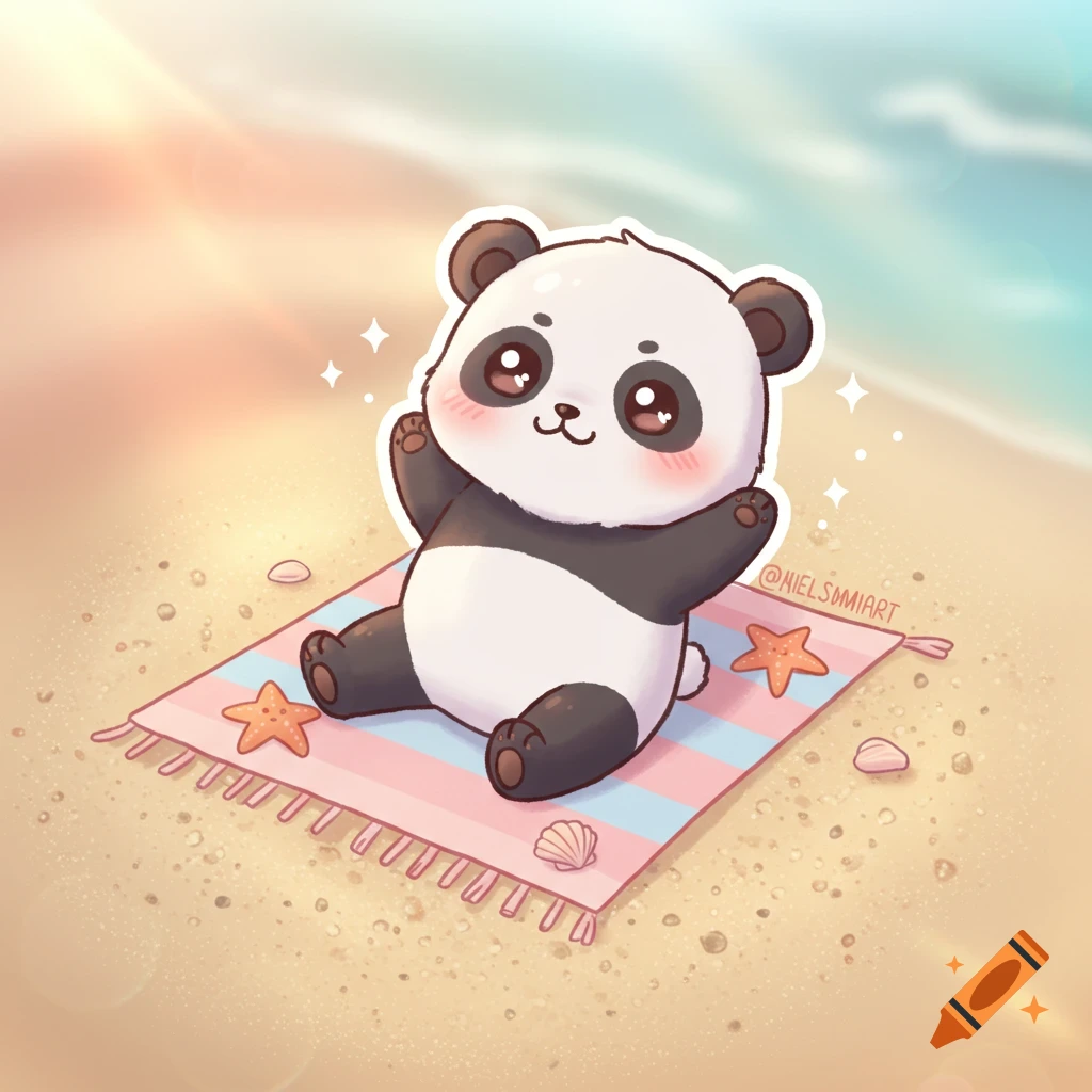 Kawaii cartoon panda lying on a pink and blue striped beach towel on a sunny sandy beach with starfish and seashells.