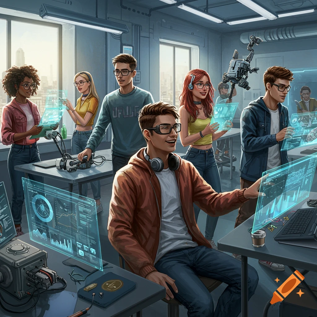 Digital illustration of diverse young adults in a modern lab, interacting with holographic screens and tech equipment.