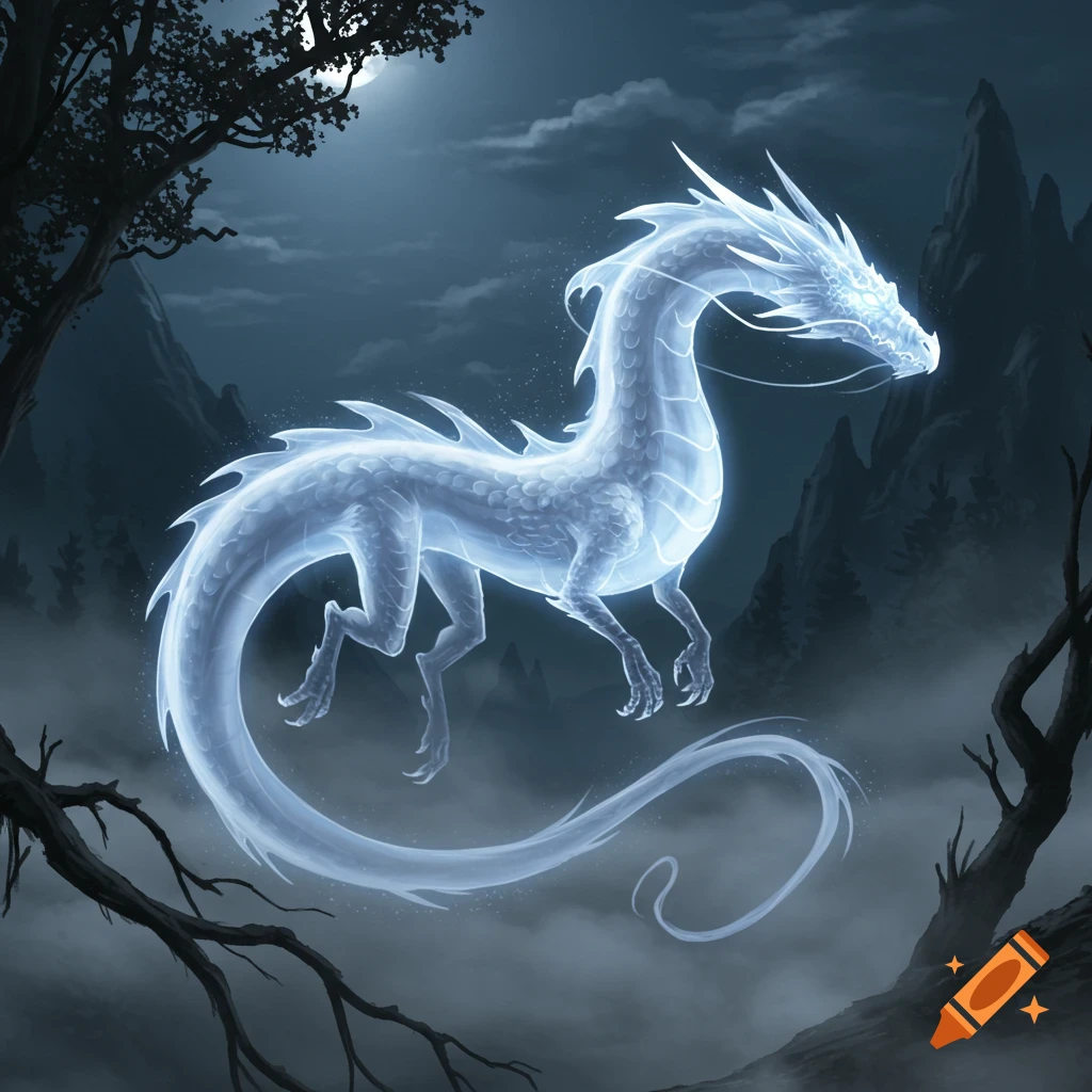 A glowing, ethereal white ghost dragon hovers in a misty, moonlit dark mountain landscape with silhouetted trees.