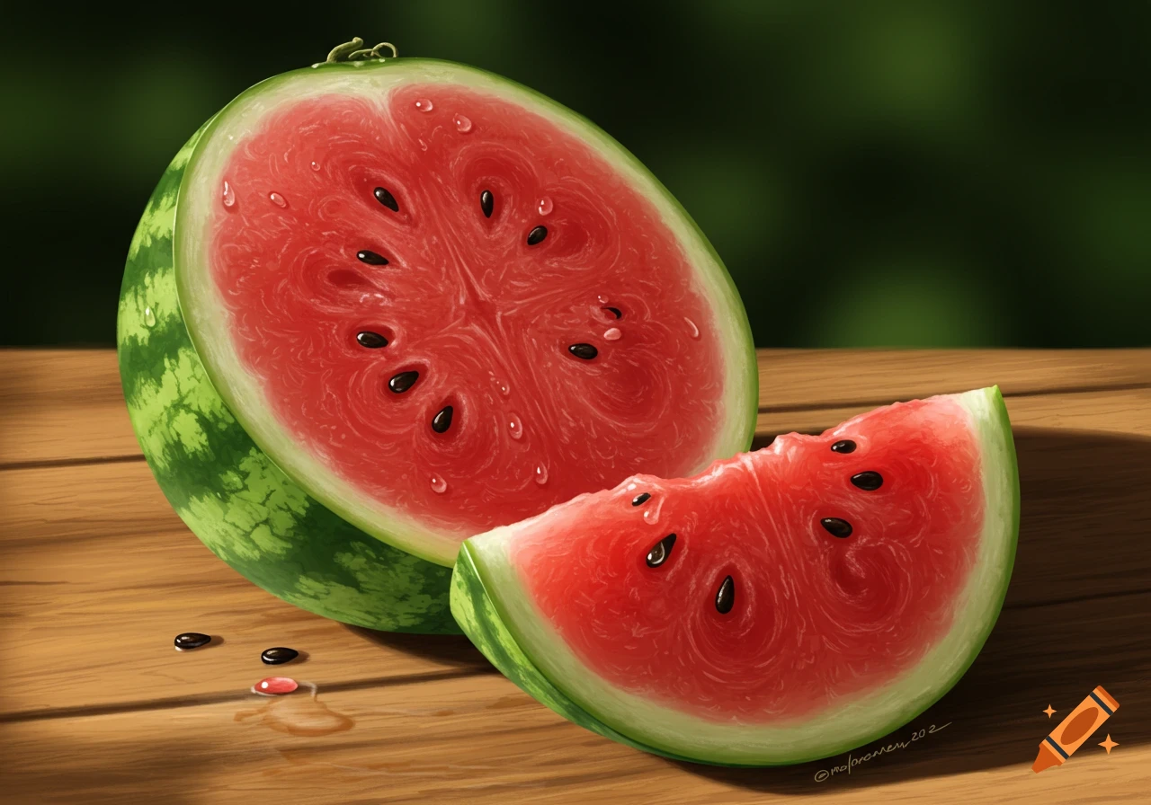 A vibrant, photorealistic sliced watermelon with water droplets and seeds on a wooden table outdoors.