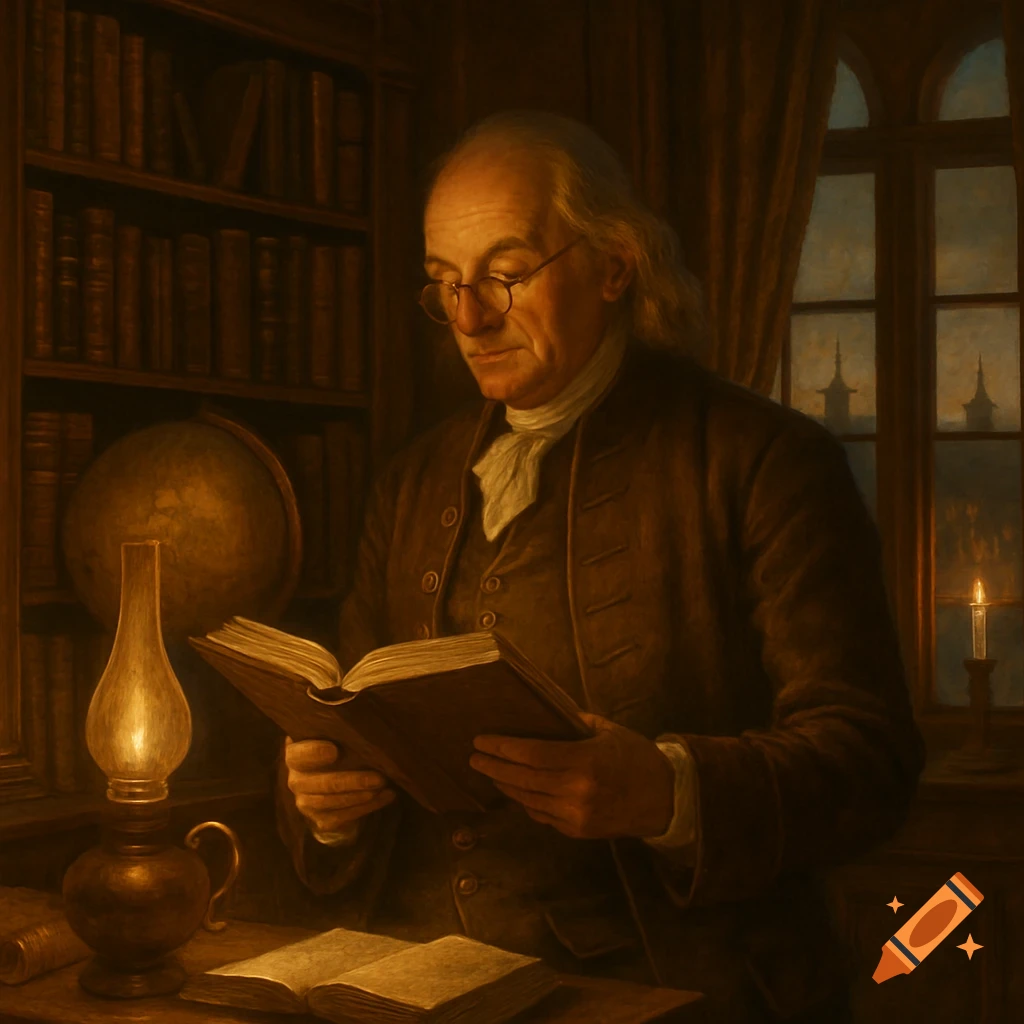 An elderly man, resembling Benjamin Franklin, reads an open book by the warm glow of an oil lamp in a dimly lit library. Bookshelves line the background.