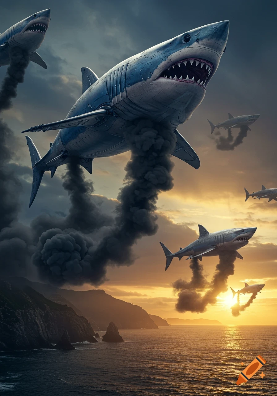 Gigantic metallic sharks fly through a dramatic sunset sky over a rocky coastline, trailing dark smoke.