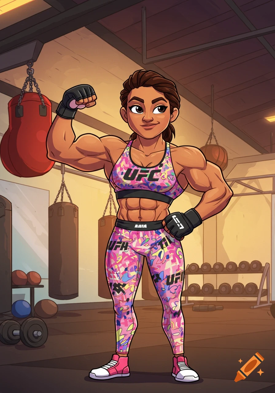 A muscular female UFC champion in a pink patterned sports bra and leggings flexes her bicep in a gym with punching bags and weights. Cartoon style.
