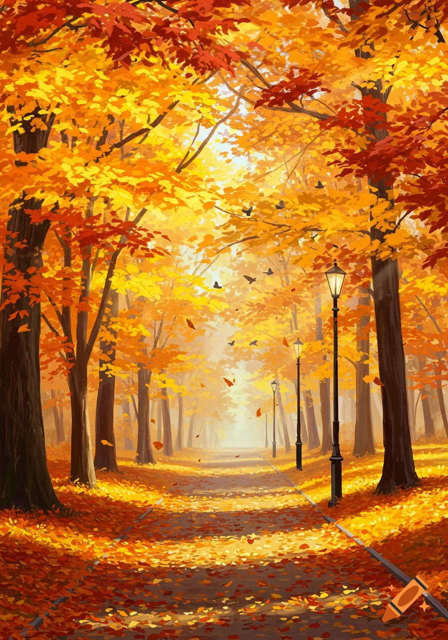 Vibrant painterly illustration of a sunny autumn park path with orange and yellow trees and fallen leaves.
