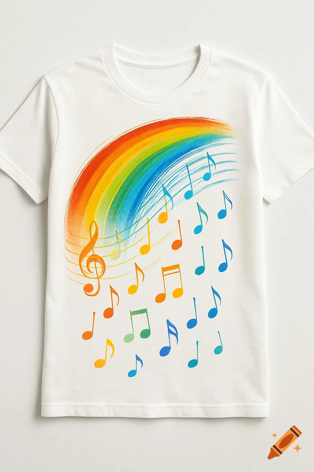 A white t-shirt featuring a vibrant painted rainbow with colorful musical notes and a treble clef descending from it.
