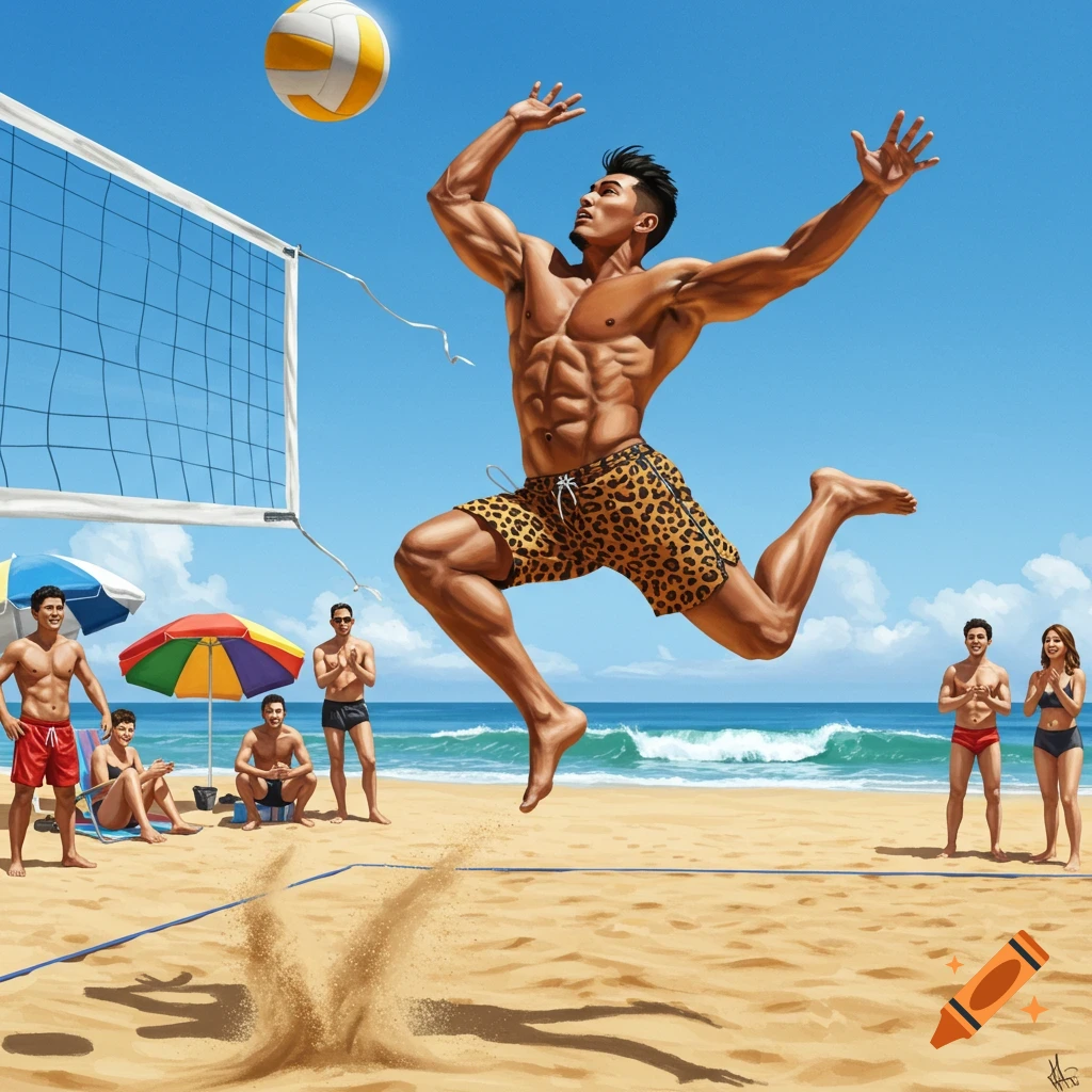 Muscular man in leopard shorts spikes a volleyball on a sunny beach, with other people and a net in the background.