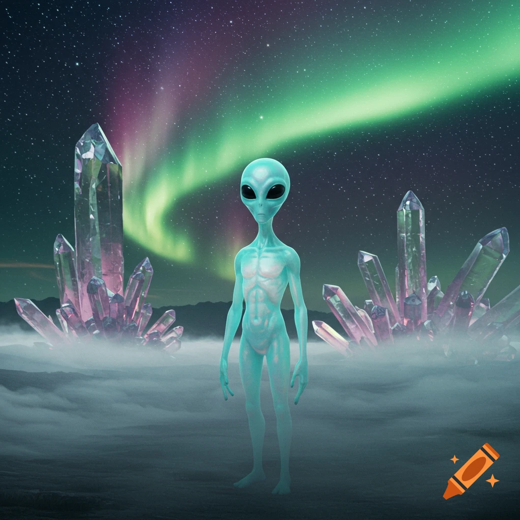 A pale blue-green alien stands in a misty alien landscape under a starry sky with a vibrant aurora and large colorful crystals.