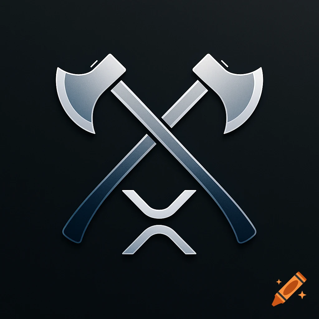 A metallic logo featuring two crossed silver axes over the XRP cryptocurrency symbol on a dark background.