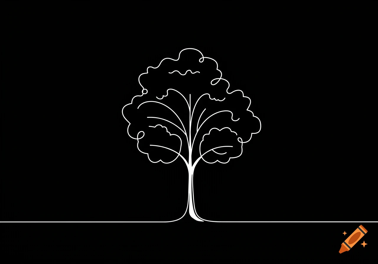 Minimalist white line drawing of a tree with a full canopy on a black background, with a horizontal line at its base.