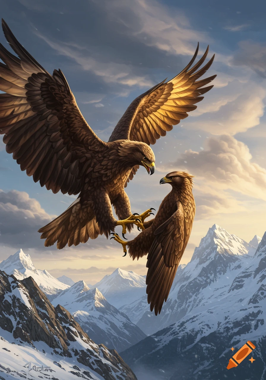 Two brown eagles with outstretched wings and extended talons appear to wrestle mid-air over snow-capped mountains under a cloudy sky.