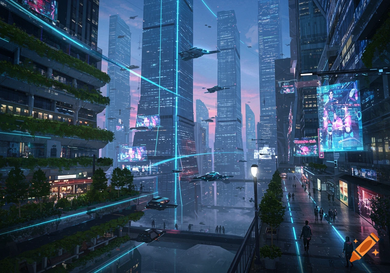 Photorealistic image of a futuristic city with towering skyscrapers, flying vehicles, neon lights, and glowing pathways.
