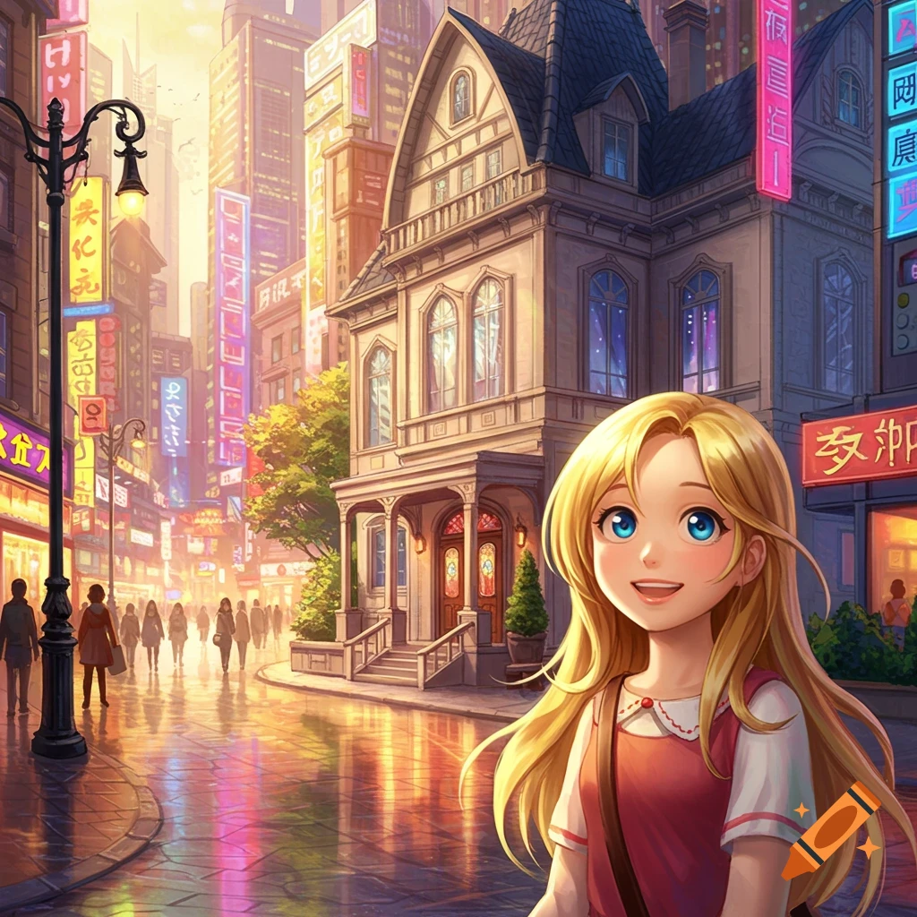 Smiling anime girl with blonde hair and blue eyes walking on a wet city street at sunset, lined with buildings and glowing neon signs.