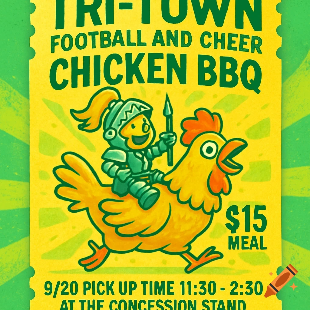 A fun, colorful cartoon flyer for Tri-Town Football and Cheer Chicken BBQ, showing a small knight riding a chicken.