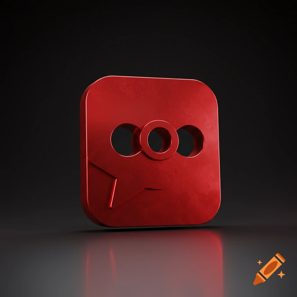 3D rendered red chat bubble icon with three circles inside, on a dark reflective surface.