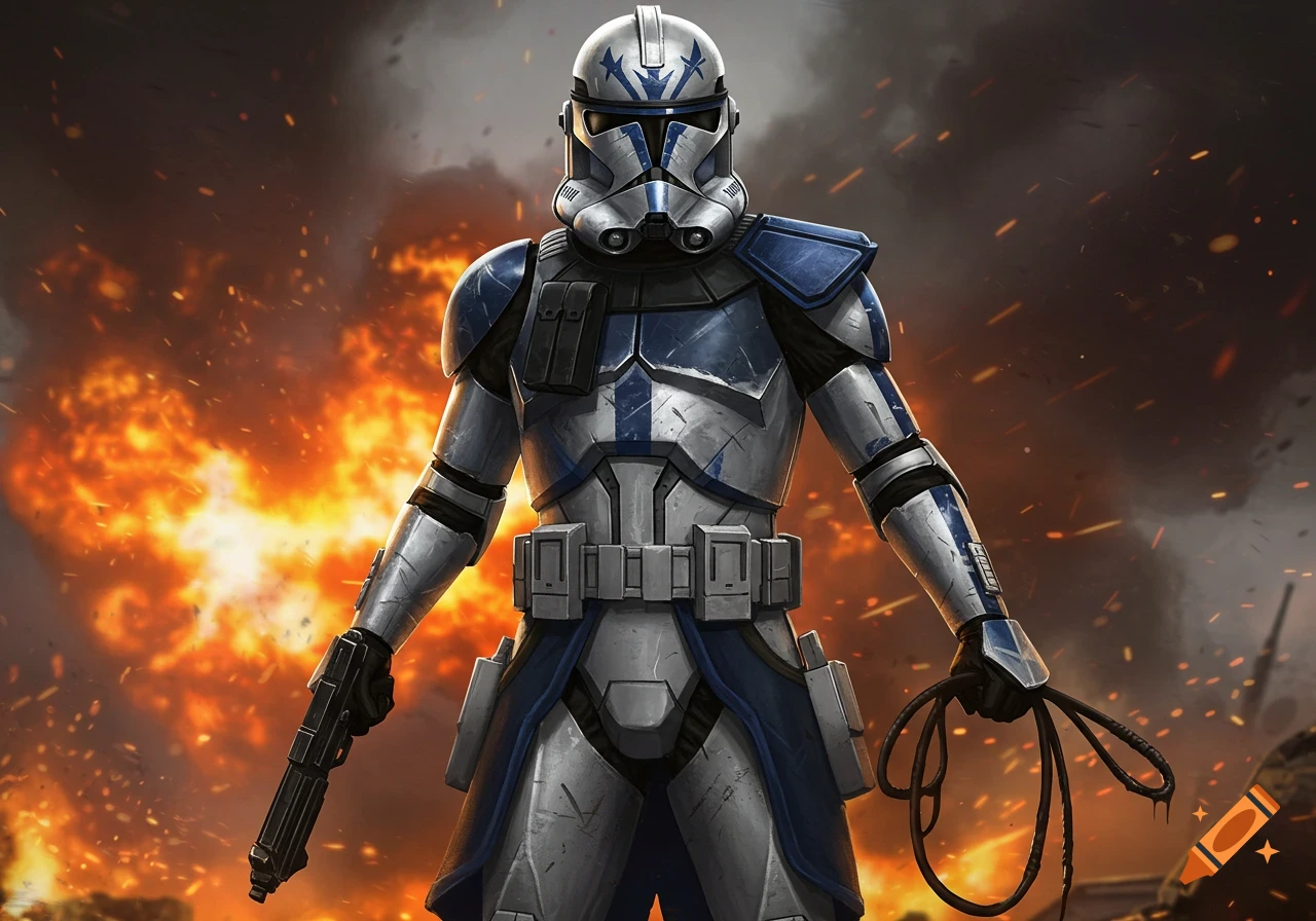 A clone trooper in silver and navy blue armor holds a blaster and whip amidst a fiery battle.