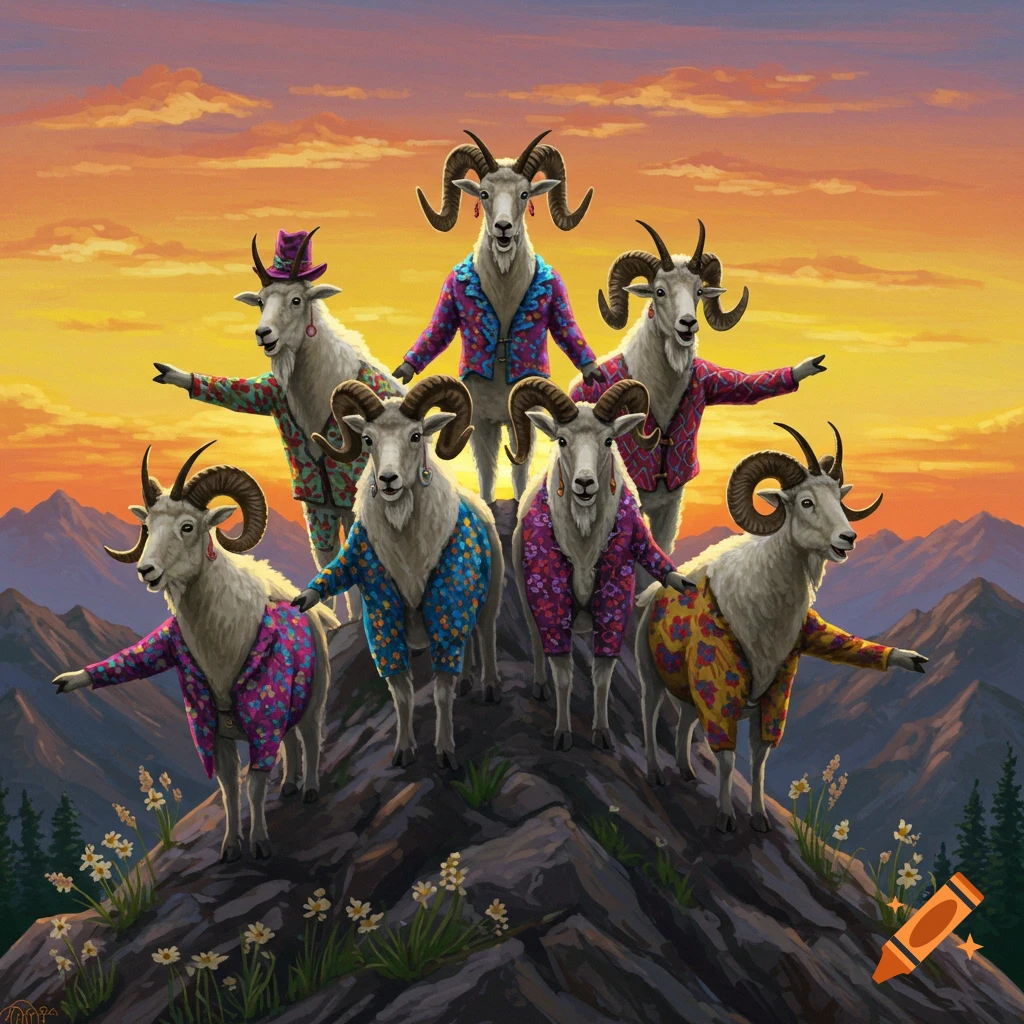 Seven mountain goats in colorful, flamboyant outfits on a mountain peak at sunset, painted in a vibrant, stylized manner.